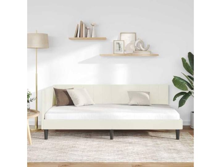 KTHLBRH Eck-Bettrahmen Creme 100 x 200 cm Samt Platzsparende L-Form, feste Lattenroste, Höhe 31 cm, Sperrholz und technisches Holz