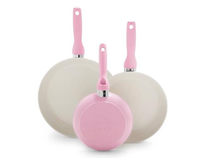 GreenPan Rio harteloxierte gesunde Keramik-Antihaftbeschichtung, 17,8 cm, 24,1 cm und 27,9 cm, 3-teiliges Bratpfannen-Set, weicher Griff, PFAS-frei, spülmaschinenfest, ofenfest, Rosa