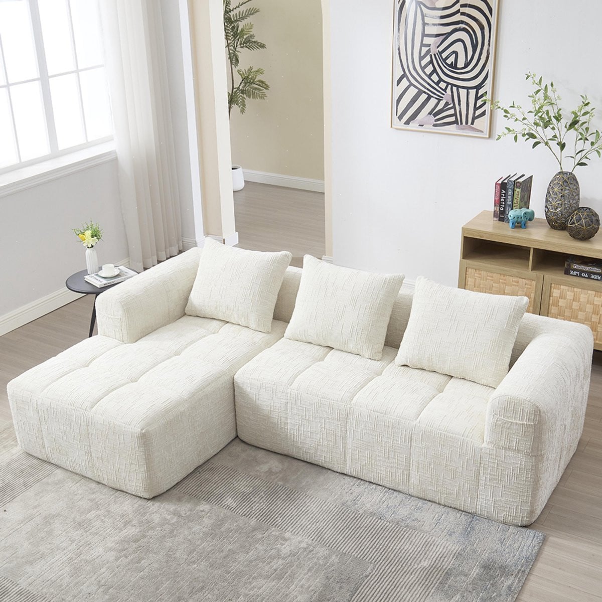 KOMHTOM Moderne modulaire L-bank, 3-zits bank met chaise longue en armleuningen, beige chenille