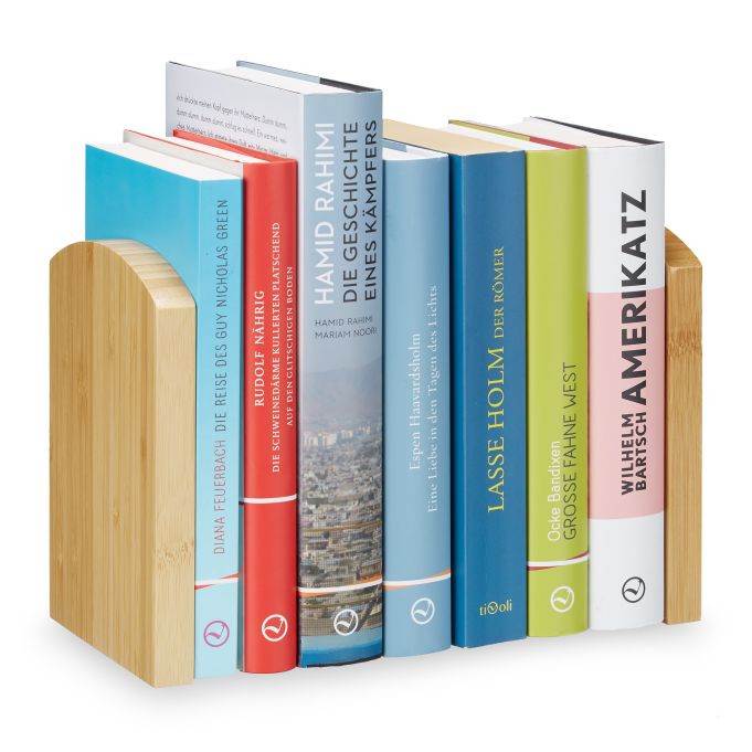 Relaxdays Boekensteun Set van 2, Bamboe en RVS, Beige/Zilver/Bruin