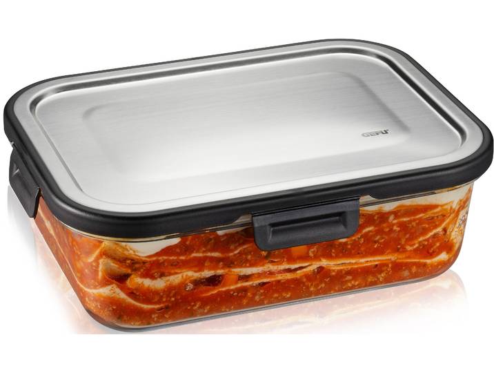 Lunchbox GEFU MILO , silber (transparent, silberfarben, schwarz), B:17,6cm H:7,5cm L:23,2cm, Borosilikatglas, Edelstahl, Kunststoff, Lebensmittelaufbewahrungsbehälter, Lunchbox, gelaserter QR Code zur Vorratskontrolle per App (nur für Android)