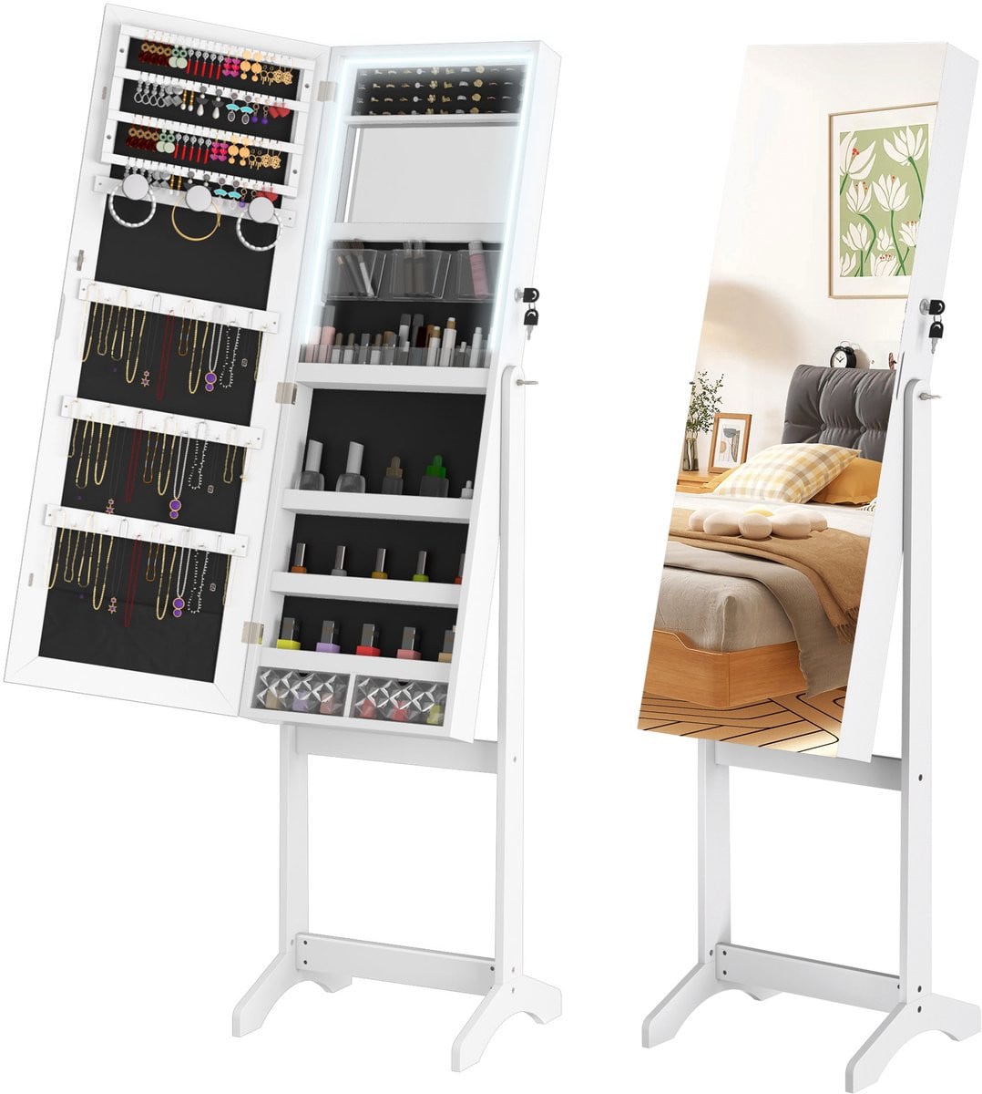 NAIZY Sieradenkast met verlichting en spiegel, staande make-up organizer met passpiegel, wit