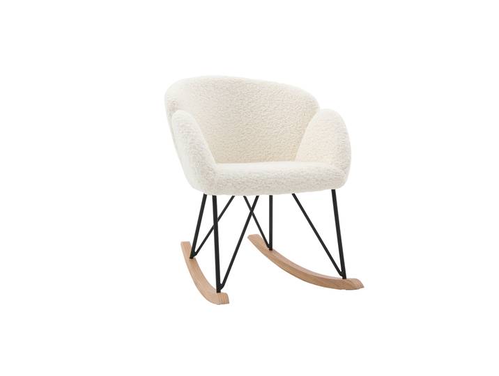 Rocking chair en tissu effet peau de mouton blanc, métal noir et bois clair RHAPSODY