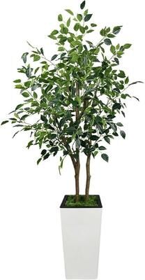 YUN 4ft Artificial Ficus Tree with White Tall Planter, Realistic Silk Leaves and UV Resistant Faux Greenery