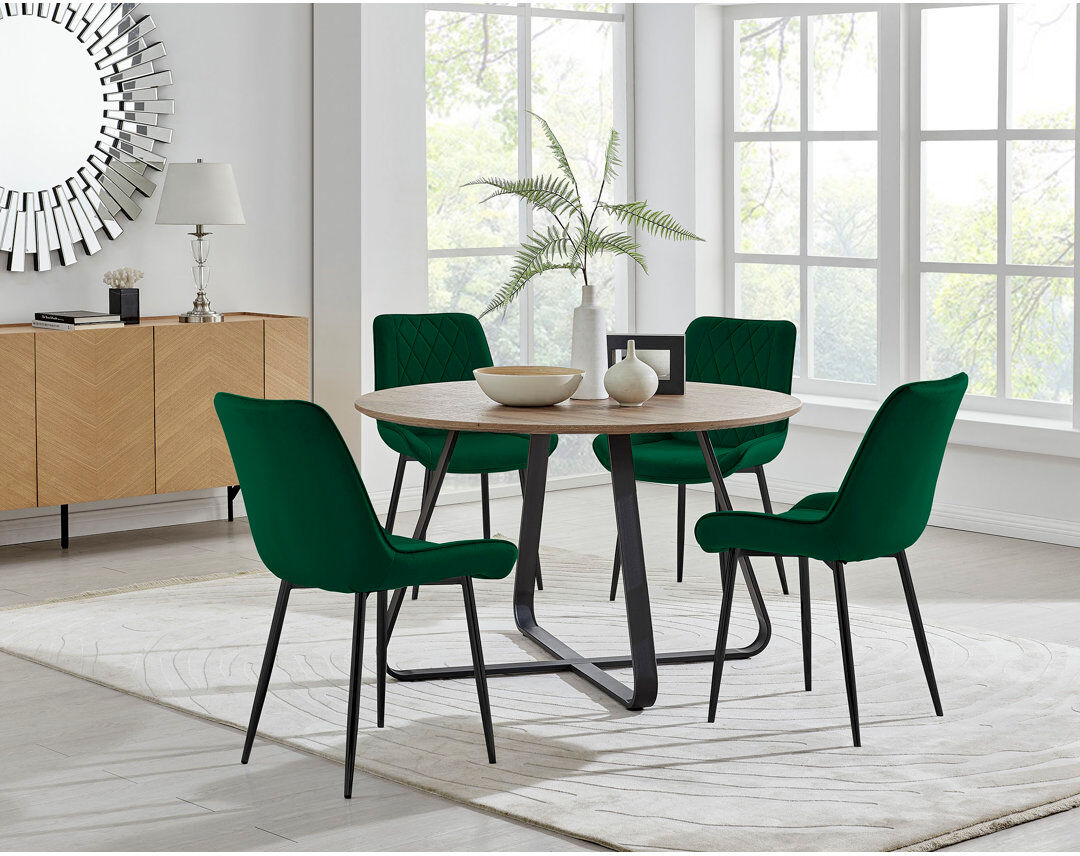 Fairmont Park Venedocia Round Wood Effect Dining Table & 4 Luxury Velvet Dining Chairs Green/Black 4