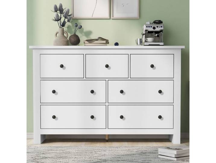 Buffet Salon Vintage Armoire d'appoint Rangement de Cuisine Commode 7 Tiroirs Blanc 140x40x89cm