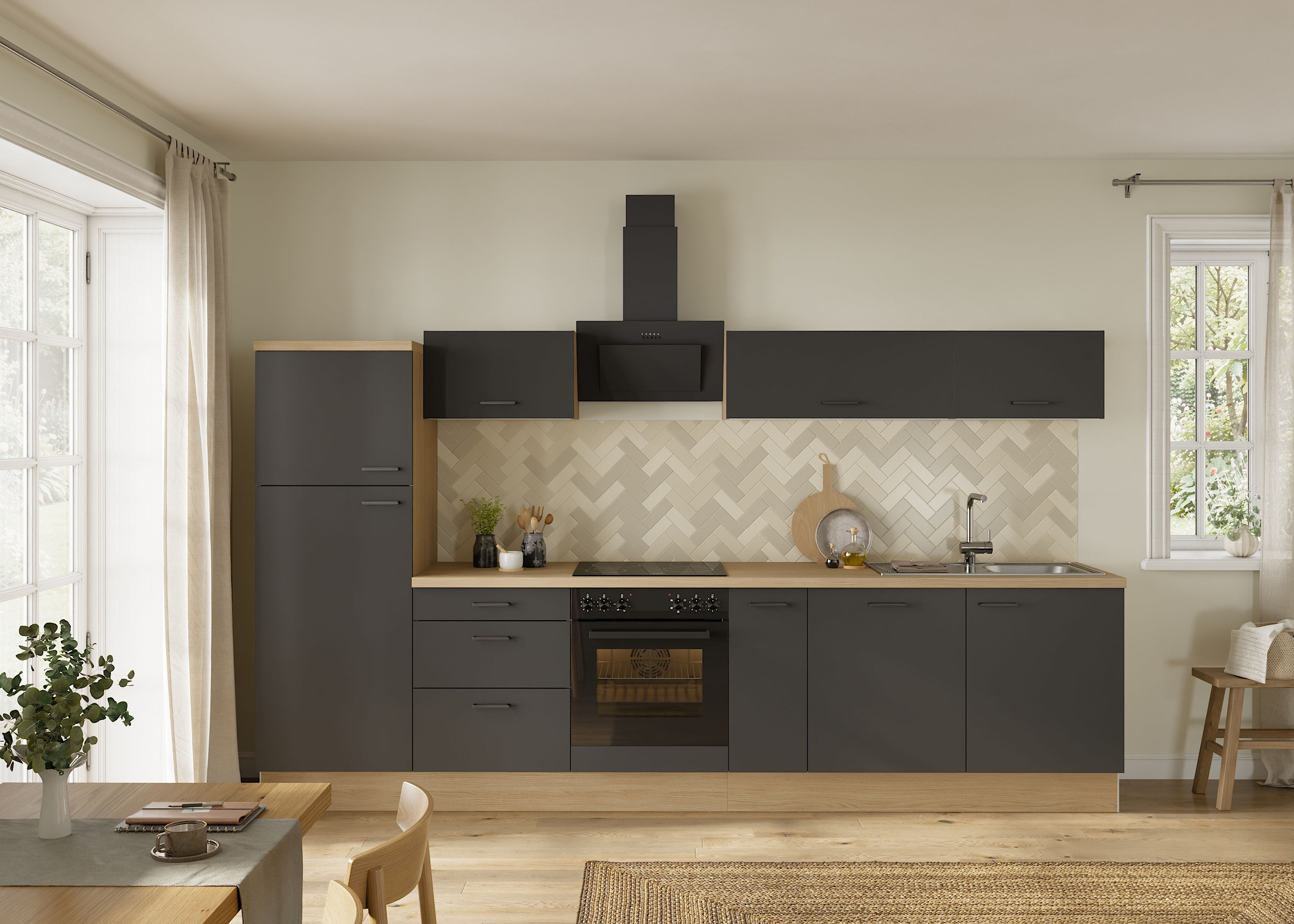Küchenzeile KOCHSTATION "KS-Sion", küche: grau, korpus: eichefarben, arbeitsplatte: eichefarben hell, B:330cm H:186cm T:60cm, Komplettküchen-Sets, Küchenzeile, Breite 330 cm, schnelle Montage mit OPTIsnap, wahlweise mit E-Geräten küche: grau, korpus: eich