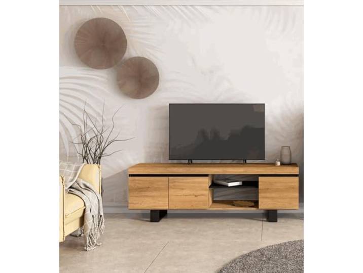 Skraut Home - TV-Möbel Mod.Natural Eiche/Schwarz, 2 Türen und 2 Wohnungen, Wohnzimmer, 160 x 40 x 53 cm