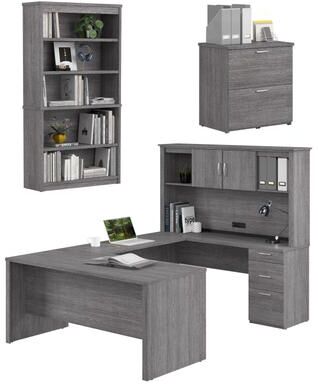 Bestar Logan 66W U-Shaped Desk with Hutch, File Cabinet, and Bookcase
