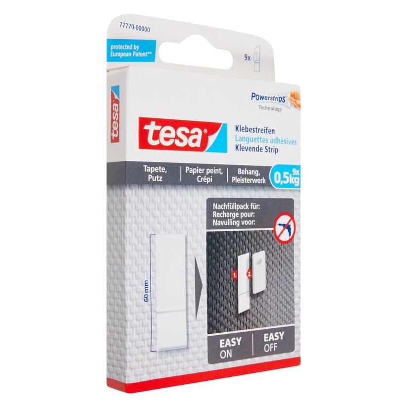 tesa Powerstrips für Tapete & Putz, 0,5kg Halteleistung, 9x doppelseitige Klebestreifen (77770-00000-20)