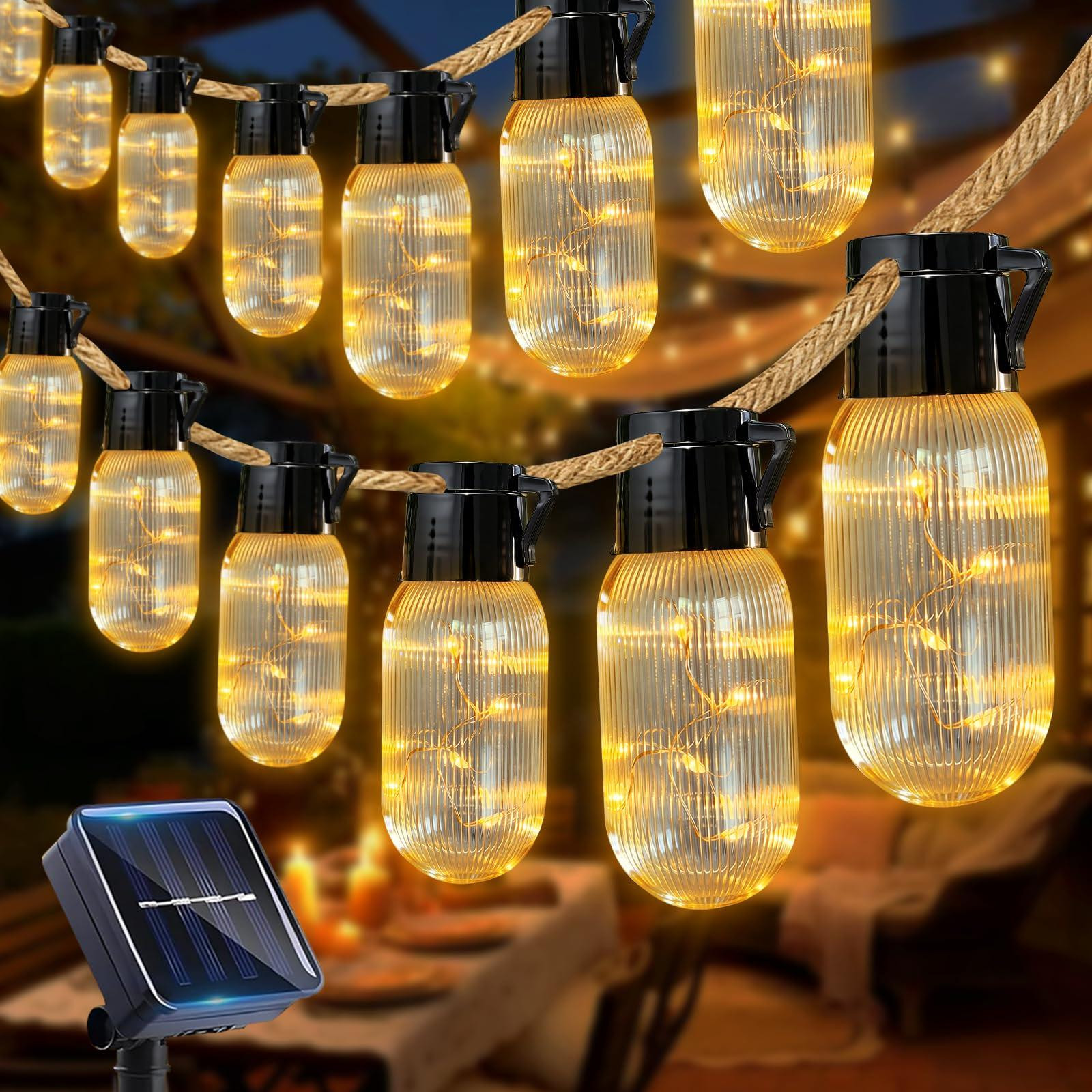 Dripio Zonne-energie lichtslinger met 15 LED's, 8 lichtmodi, hennep touw, IP65-bescherming, 9,8 meter