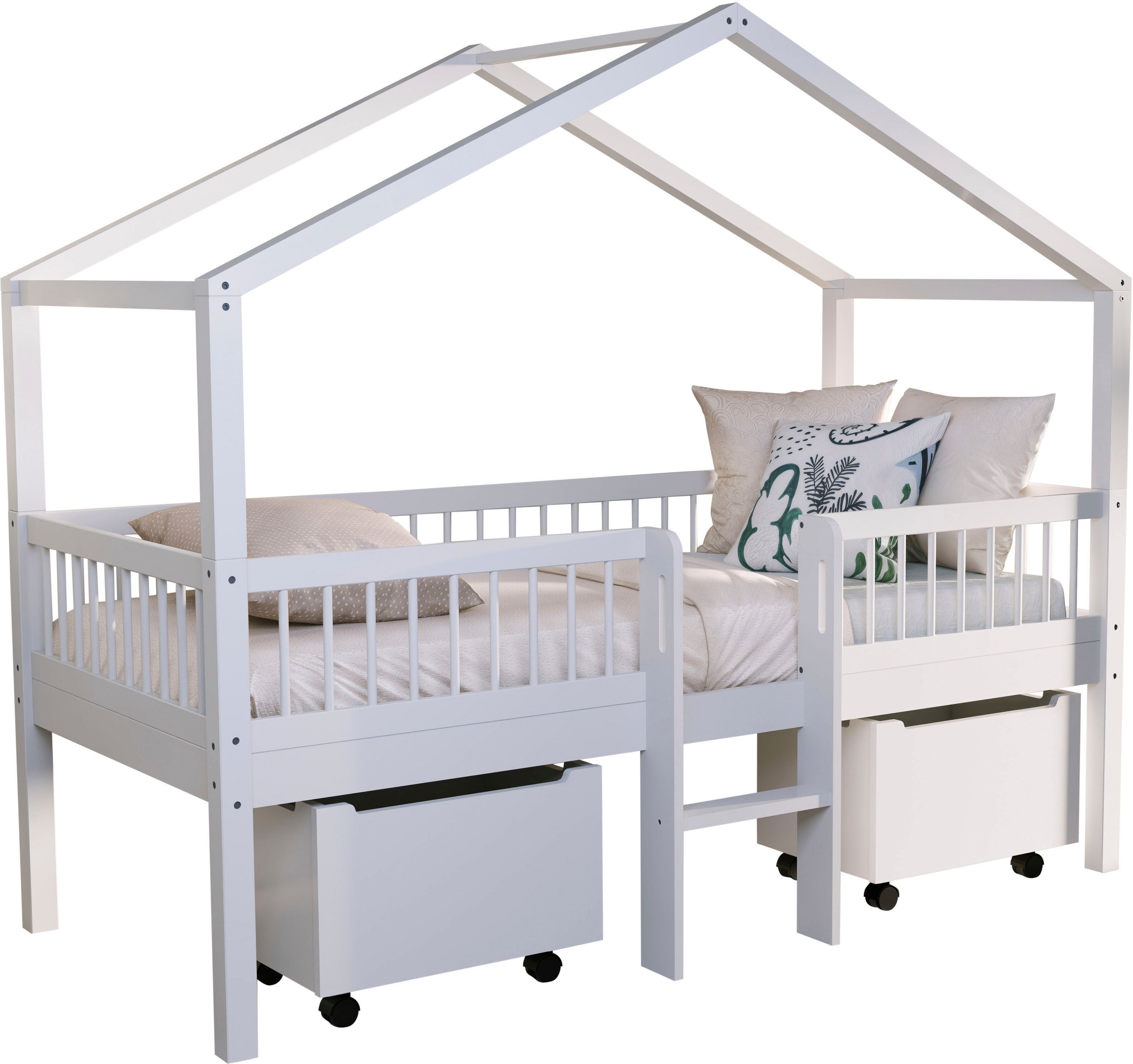 Hausbett VIPACK "Inkl. Dachaufbau, Leiter und Rolllattenrost, Made in Europe", weiß (weiß, weiß, weiß), B:107cm H:185cm L:207,5cm, Betten, Hausbett, hochwertig und stabil bebaut, Buche massiv weiß lackiert