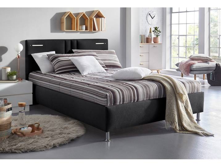 Polsterbett, Microfaser, Schwarz, 150×210 cm, Bonnell-Federkernmatratze, Mit LED-Beleuchtung, Westfalia