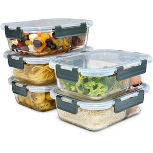 uandu Frischhaltedose mit 2 Fächern, aus Glas, 0,95 Liter, mit Trennwand, transparent, luftdicht, Set 5 Stück