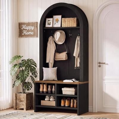YUZHOU 71-Inch Arched Hall Tree, Entryway Bench with Hooks and Shoe Storage