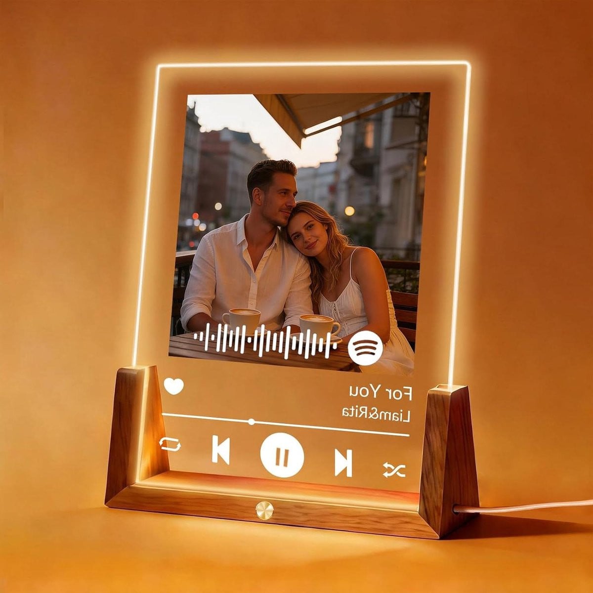 Acryl Fotolijst Muziek Plaquette met Scanbare Spotify Code en Walnoot Basis