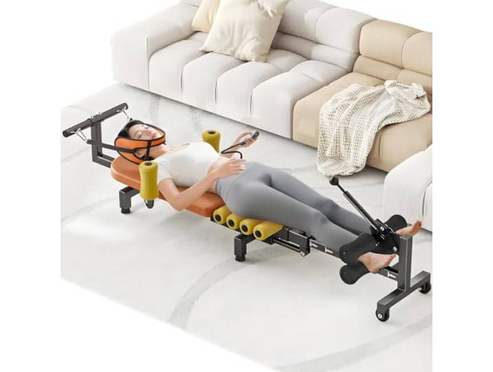 LMzythrop Fitness-Ganzkörper-Traktionsbett für Die Lendenwirbelsäule Mit Kopfzuggurt und Handgehaltenem Tasten‑controller, Einstellbare Länge, Passend für Körpergrößen 145‑185 cm