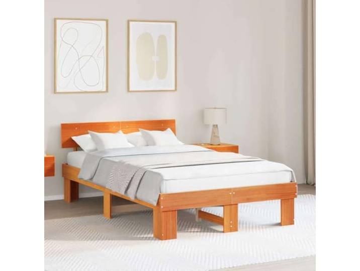YUTAASU Bettrahmen Wachsbraun 135 x 190 cm Massives Kiefernholz Mit Kopfteil, Stabiler Lattenrost, Modernes Design, Pflegeleicht