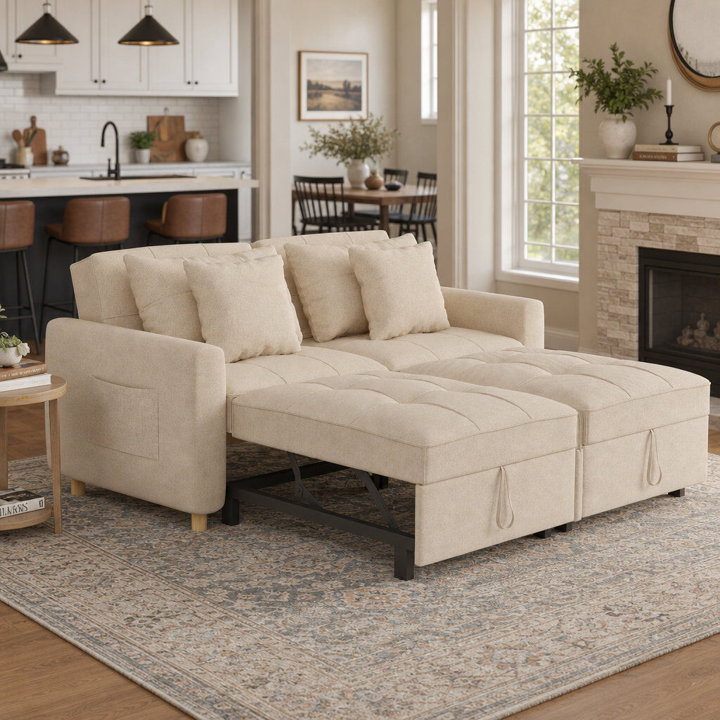 Latitude Run 2 Seater Linen Sofa Bed with Storage Beige