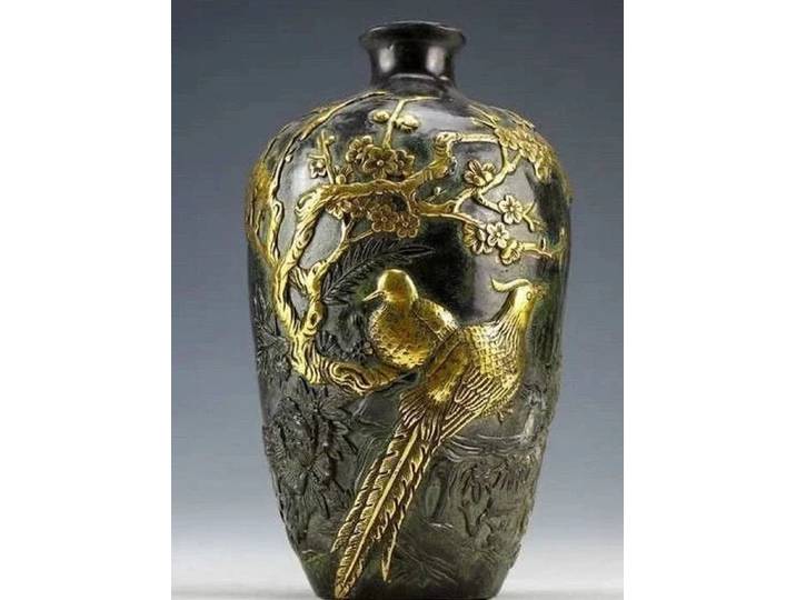 Statues en Bronze de Collection Vintage chinoise, Vase à fleurs et oiseaux plaqués or, 20cm