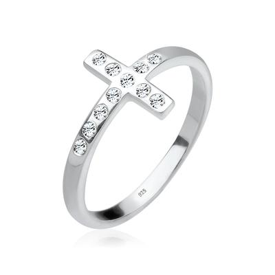 Fingerring ELLI "Blogger Kreuz Kristalle 925 Silber" Gr. 56, weiß, Fingerringe, Damen, 56mm,mit Steinen, Silber 925 (Sterlingsilber), 2mm, Fingerring