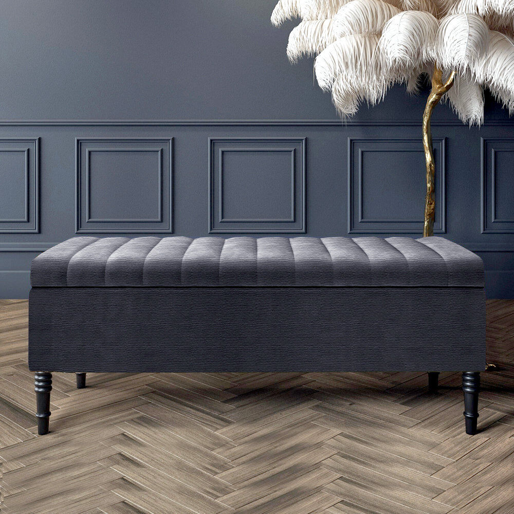 R&M Furnishers Paris Striped Ottoman Storage Bench - Upholstered Naples Shoes Bench with Black Turned Wooden Legs Charcoal