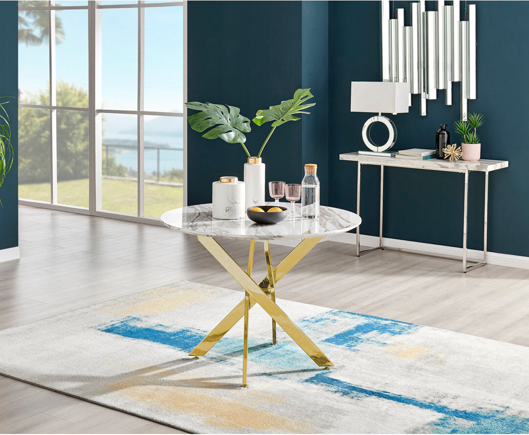 Canora Grey Eubanks Luxury Metal and Marble Effect Round Dining Table - Modern Statement Design Gold 75 x 100 x 100cm,Silver