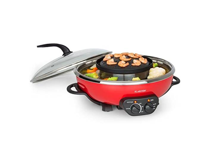 Klarstein Szechuan - Hot Pot und Grillplatte, Hot Pot Topf Volumen: 5 Liter, Grill 1350 Watt / 38 cm Ø, Grillplatte: 600 Watt / 22 cm Ø, Heizelement aus Aluminium, rot