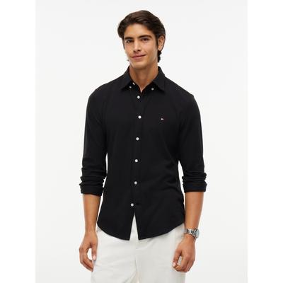 Langarmhemd TOMMY HILFIGER "KNITTED SHIRT", Herren, Gr. L (52), N-Gr, schwarz, Jersey, Obermaterial: 100% Baumwolle, unifarben, slim fit normal, Rundhals, 1-Knopf-Manschette mit Schlitz, Hemden, Button-down-Kragen, Slim Fit, Jersey-Qualität