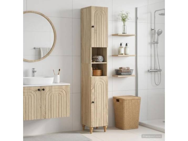 Badezimmerschrank mit offenem Regal ALKMAAR Sonoma-Eiche Holzwerkstoff Mehrere Regale, umkehrbare Tür, feuchtigkeitsresistent, schlankes Design, einfache Reinigung
