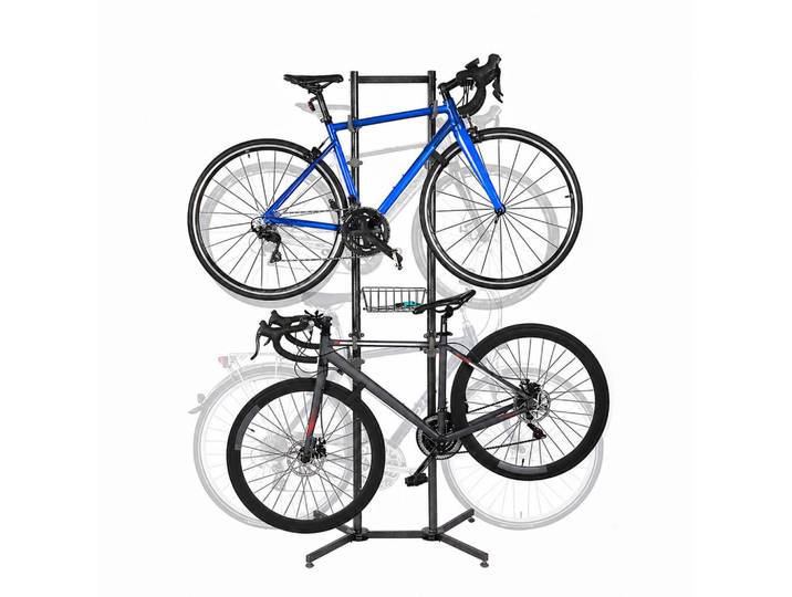 Relaxdays Fahrradständer Schwarz Grau freistehend für 4 Fahrräder Stahl mit Korb, Metall, Kunststoff, 75x210x61 cm, Freizeit & Co