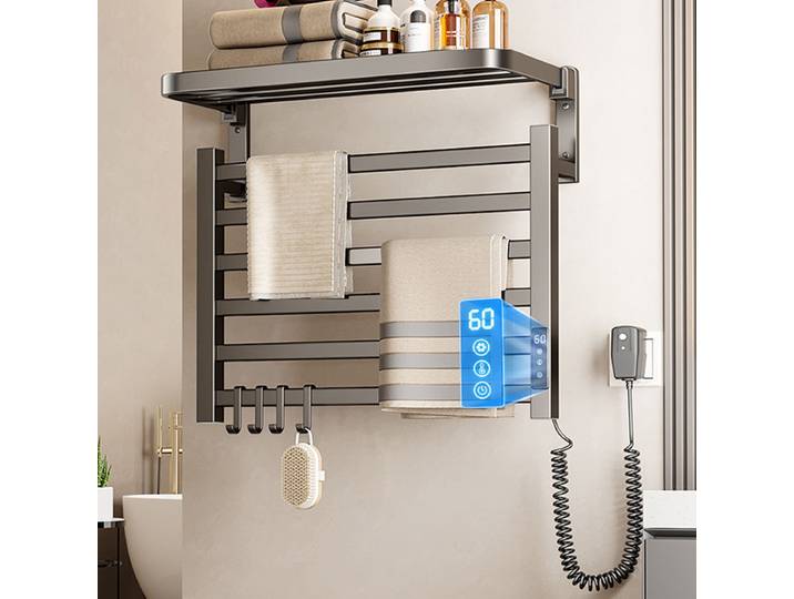 Porte-serviettes chauffant électrique, porte-serviettes mural de salle de bains, Thermostat, stérilisation, chauffe-serviettes, rangement, accessoires de sèche-serviettes