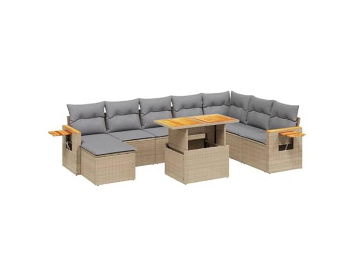 PUGYNBK 9er Set Synthetik Rattan Beige Verstellbarer Couchtisch, gefederter Seitentisch, abnehmbare Kissen, modulares Design