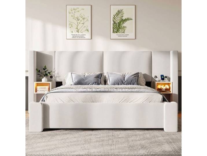 Norevia Lit coffre hydraulique 180x200 cm en lin beige avec LED et rangement sans matelas