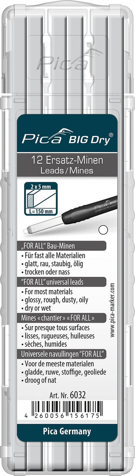 Pica Big Dry For All Bleistiftminen für Zimmermannsbleistift mit Druckmechanismus 2.0 - 5.0 mm weiß 6032