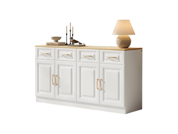Redom Sideboard 140/40/75 cm mit 4 Schubladen, 4 Türen und verstellbaren Einlegeböden, Weiß/Eiche, 140x75x40 cm, Kleinmöbel, Kommoden, Sideboards
