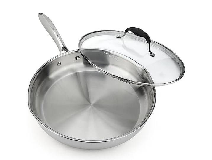 AVACRAFT 18/10 12 Zoll Edelstahl Bratpfanne mit Deckel, seitliche Ausgüsse, Induktionspfanne, vielseitige Edelstahlpfanne, Bratpfanne in unseren Töpfen und Pfannen (dreilagiger Edelstahl, 30,5 cm)