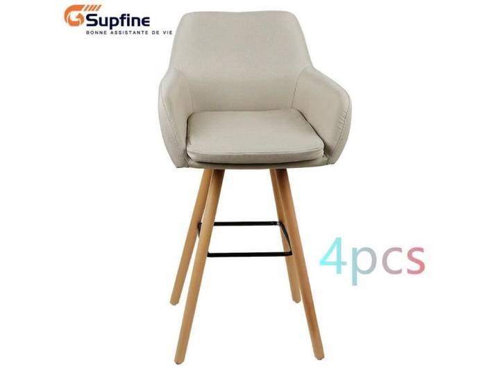 Tabouret de bar - SUPFINE - Lot de 4 - Beige - Lin + pieds en bois