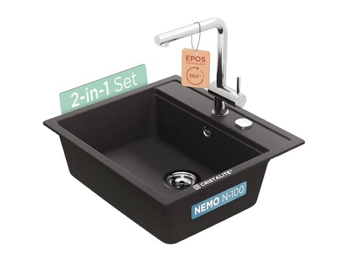 SCHOCK Set aus schwarzer Spüle Nemo N-100 Nero und Küchenarmatur Epos Festauslauf Edelstahl – Pflegeleichte, robuste Quarzkomposit-Oberfläche
