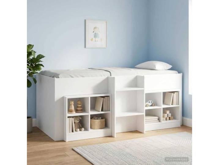 SKTQYQO Hochbett für Kinder, Weiß, 98,5 x 200 cm Technisches Holz, integrierte Leiter, Unterraum, TPE-Eckenschutz, 120 kg