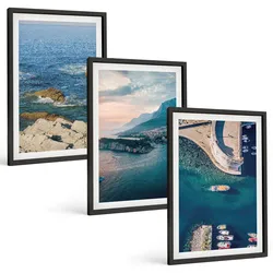 BILDER SET 3er Set - 40x60 cm Schwarzer Rahmen - Meerblick, Klippen, Häfen