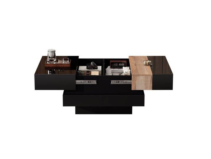 Table basse carrée extensible 70x70x39 cm rangement secret MDF noir finition haute brillance