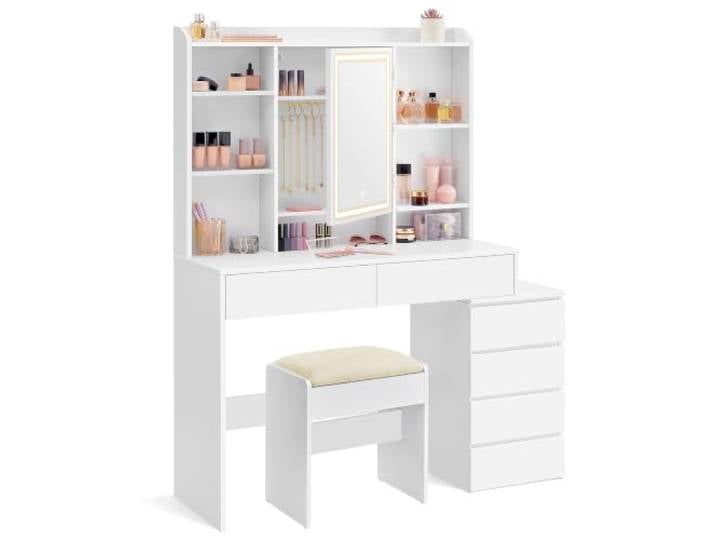 VASAGLE Schminktisch mit Beleuchtung und Hocker Set, Weiß Moderner Kosmetiktisch mit Schubladen, für Schlafzimmer, KAILYN Kollektion