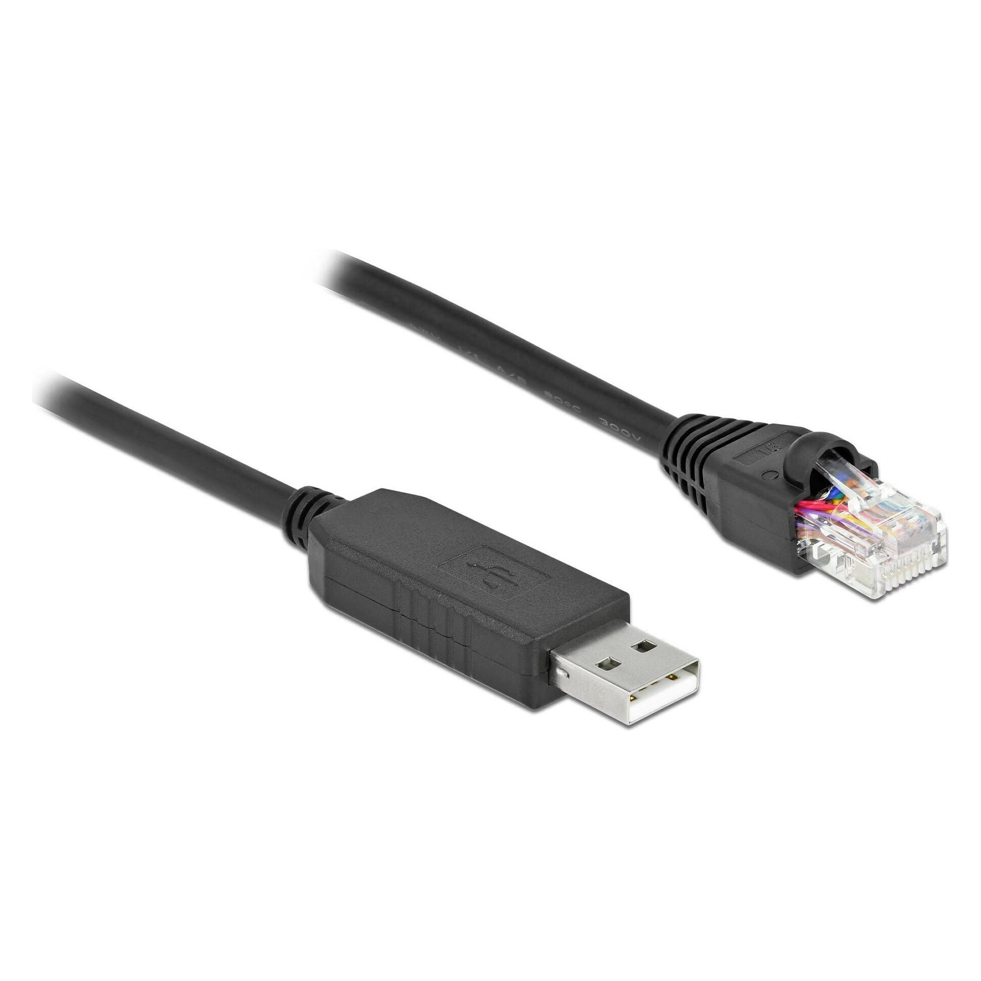 Delock Serielles Anschlusskabel mit FTDI Chipsatz, USB 2.0 Typ-A Stecker zu RS-232 RJ45 Stecker 2 m schwarz (2 m, USB 2.0) (64161)