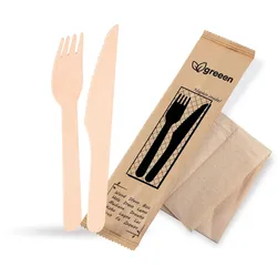 VEPATIM 50 Einweg Bestecksets aus Holz kompostierbar 3-teilig Gabel Messer Serviette hygienisch verpackt 50 Sets