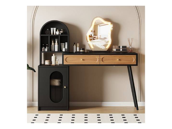 Celya Schminktisch 131x40x119.6 cm Make-up-Tisch mit 2 Schubladen, LED-Spiegel