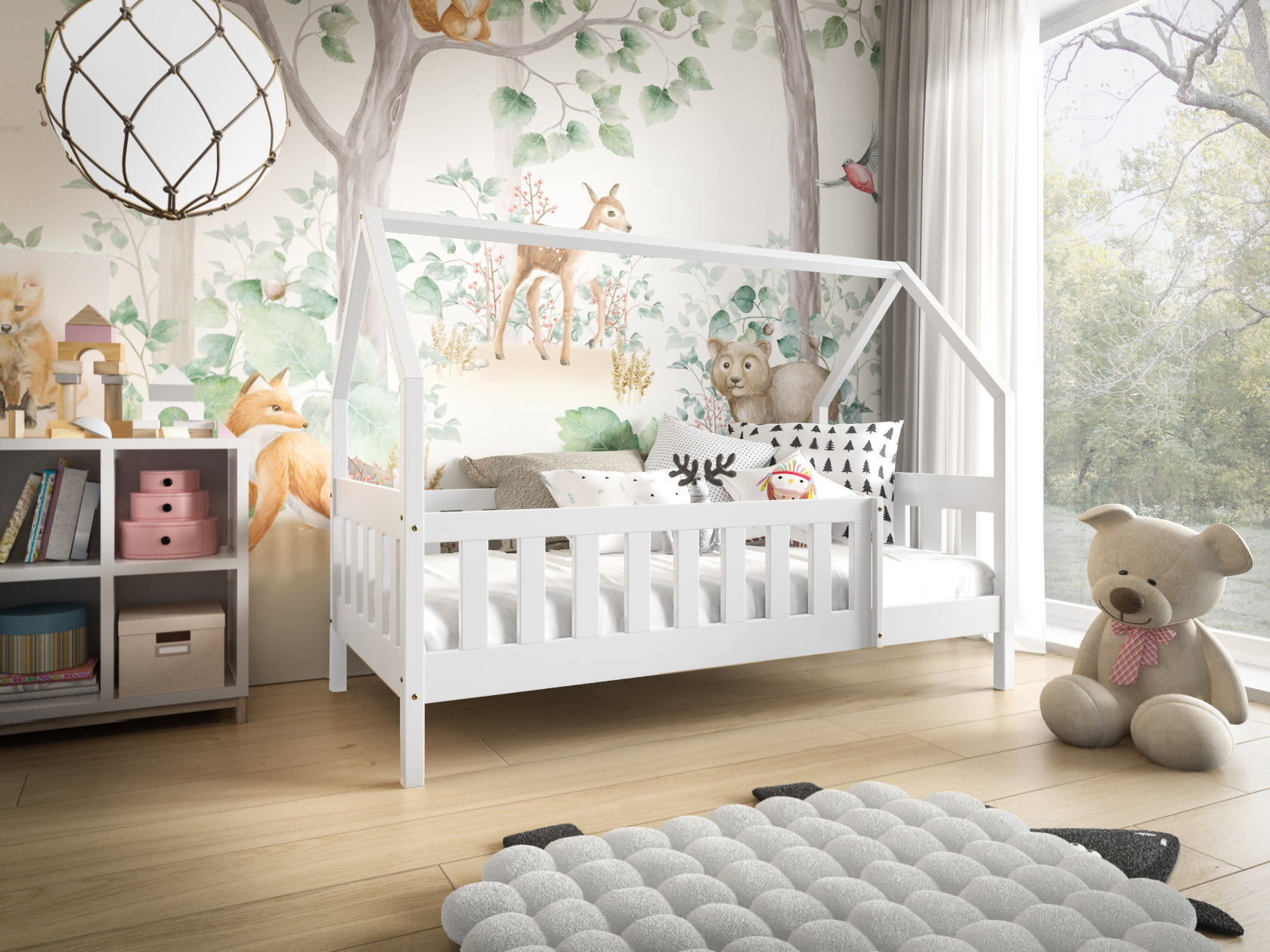 MTJMöbel Kinderbett LUNA 190x80cm mit Matratze, Hausbett mit Sicherheitsgeländer, Weiß Holz