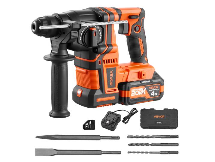 Vevor Perceuse A Percussion Sans Fil Capacite 20 Mm\, Perforateur Avec Forets Sds-plus\, Pour Beton Maconnerie\, Sans Balais\, Avec Batterie 20 V\, Chargeur\, 3 Forets\, Burin Plat\, Burin Pointu Et Coffret