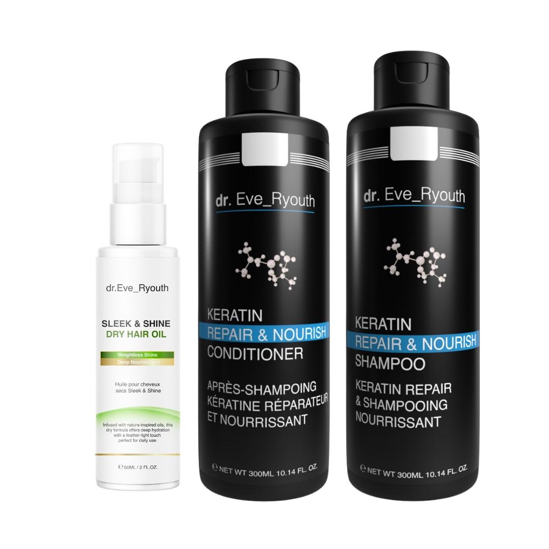 Keratin Reparatur & Nährstoff Shampoo 300 ml + Keratin Reparatur & Nährstoff Conditioner 300 ml + SLEEK & SHINE TROCKENHAARÖL 60 ml