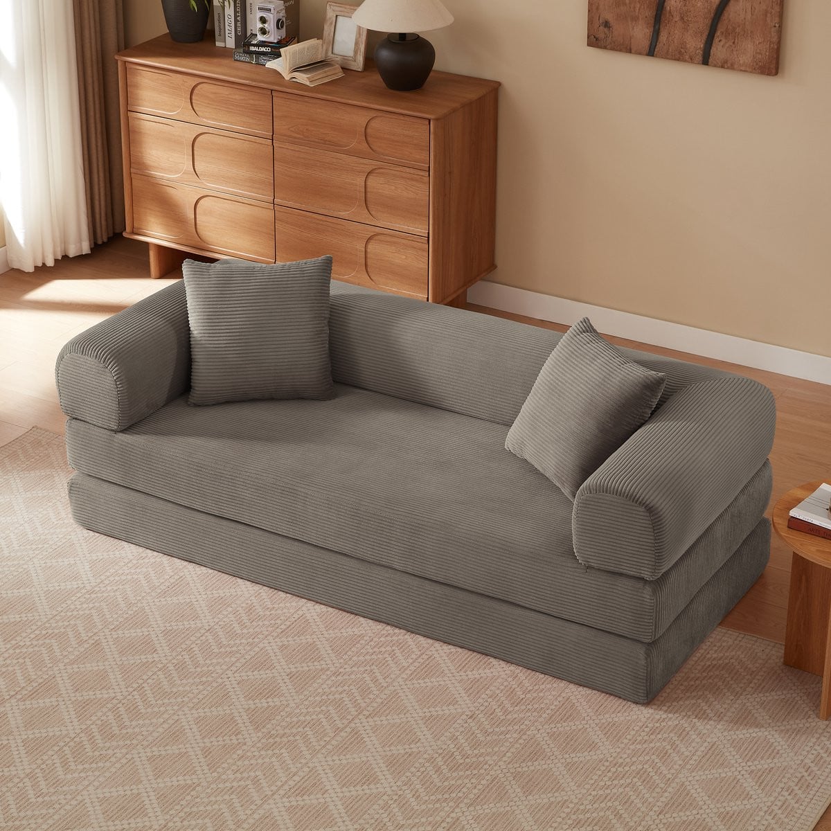 OKWISH Slaapbank - Opvouwbaar 2-in-1 Vloersofa en Eenpersoons Logeerbed - Taupe